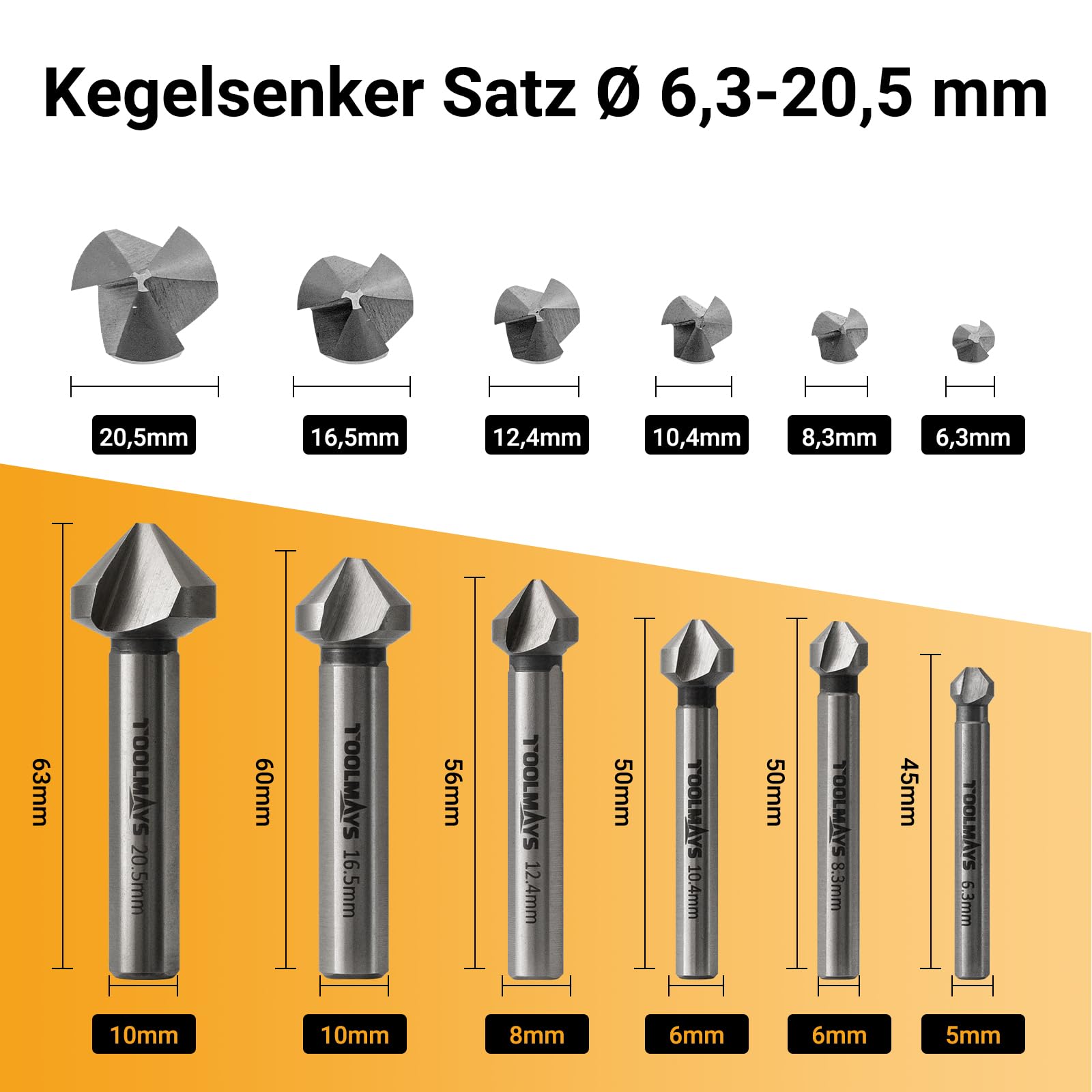 Kegelsenker Set HSS Cobalt 6 tlg 90° Kegelsenker Satz 3-Flächen-Schaft Ø 6,3-20,5 mm für Metall, Edelstahl, Kunststoff und Holz versenker