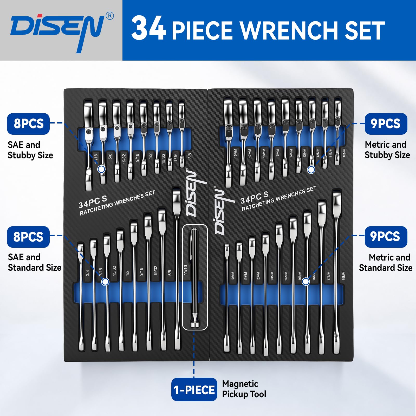 DISEN 34 Piece Ratcheting Wrench Set - Magnetic Pickup -2