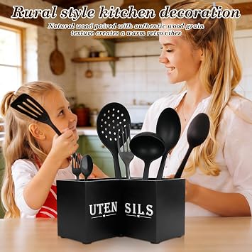 Kitchen Utensil Holder Organiser,Wooden Countertop Cooking Tool Caddy with 3 Compartments & Drainage Holes,Corner Cutlery Storage Rack for Spoons Forks Knives,Space Saving Farmhouse Worktop Stand