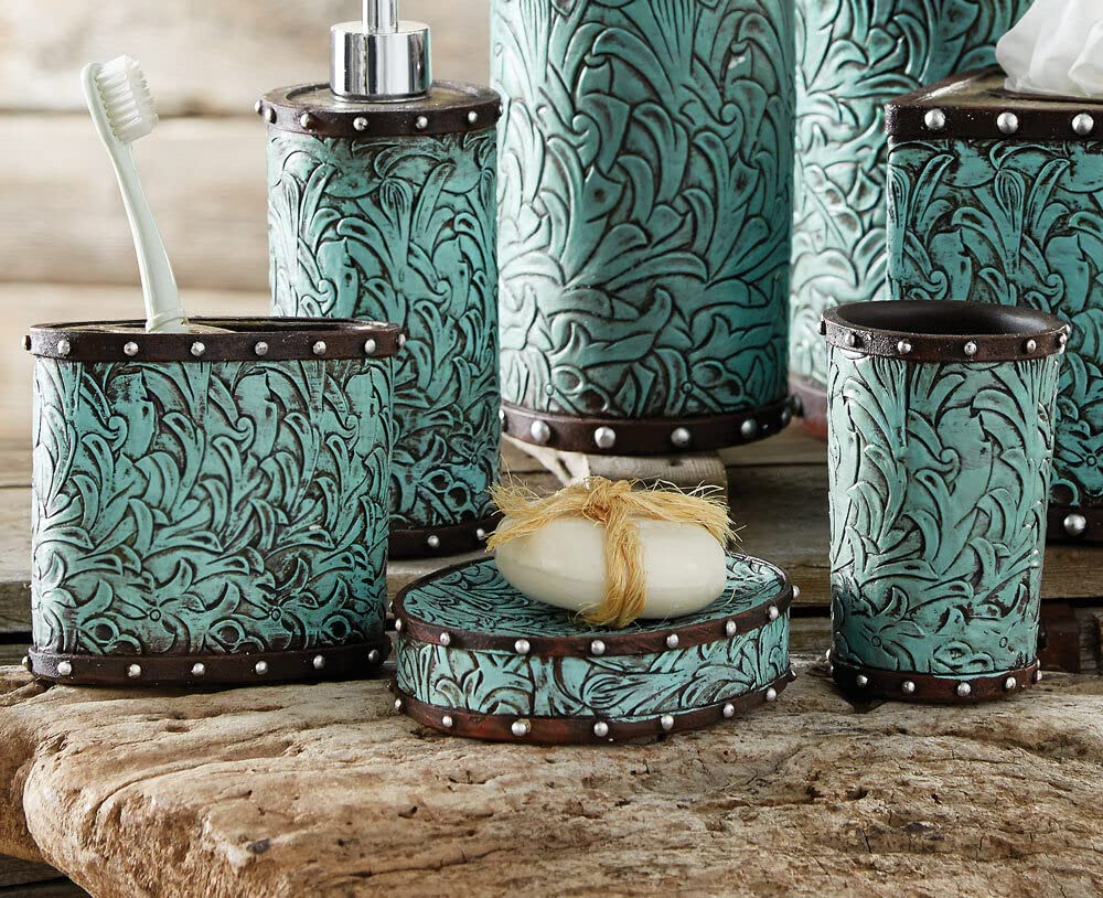 Black Forest Décor - Tooled Turquoise Flowers Bath Set - includes Tumbler, Soap Dish, and Toothbrush Holder - 3 Piece Set