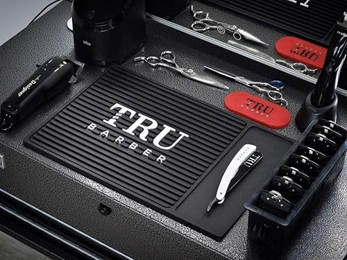 TRU BARBER Alfombrilla organizadora de 14 x 9 pulgadas (negroblanco) flexible de PVC para estación de trabajo, almohadillas de estación de trabajo