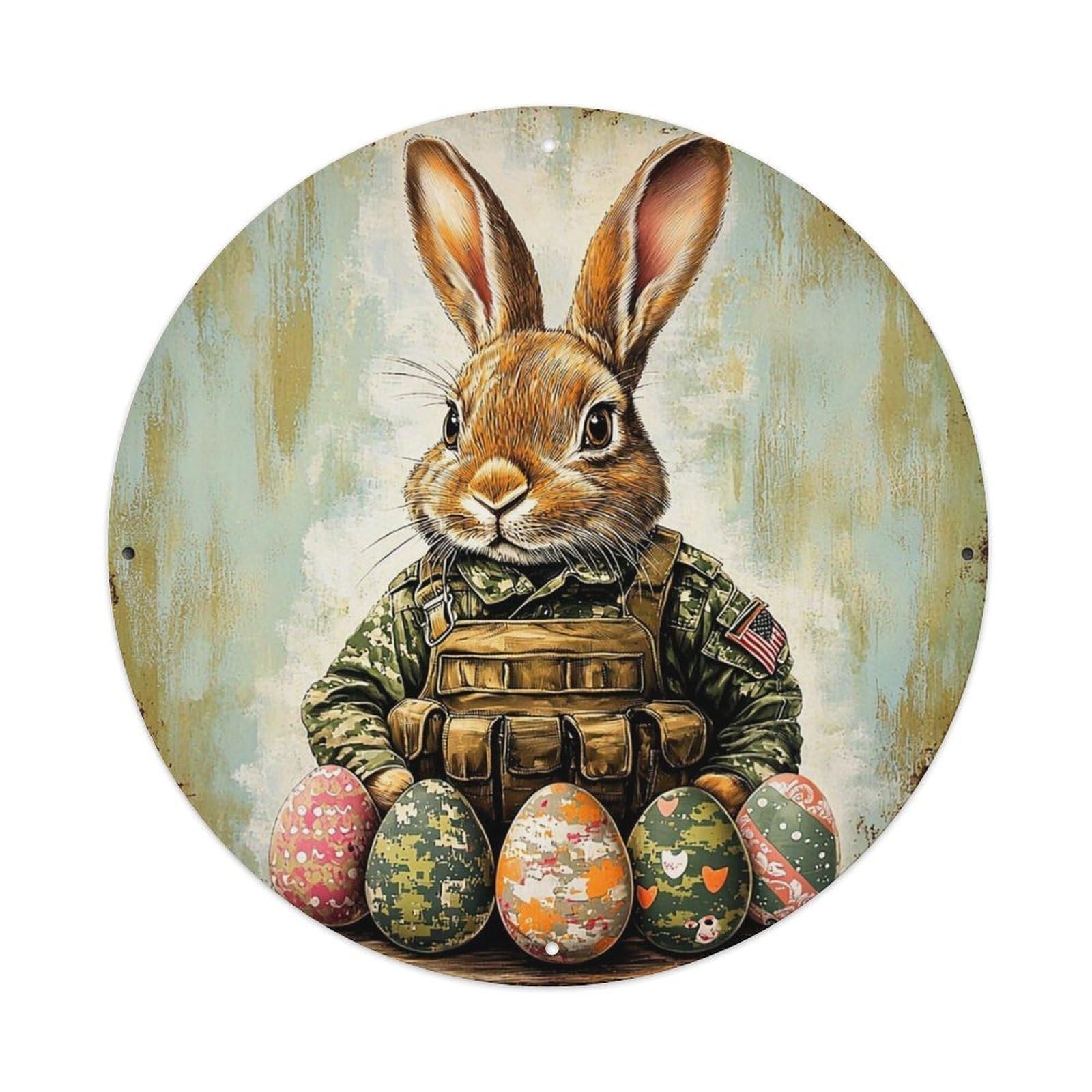 Tactical Bunny With Camo Eggs Vintage Metal Tin Sign Retro Wall Decor for Home Bar Garage Cafe, Indoor & Outdoor Decorative，circle Metal Poster, 8x8 Inch