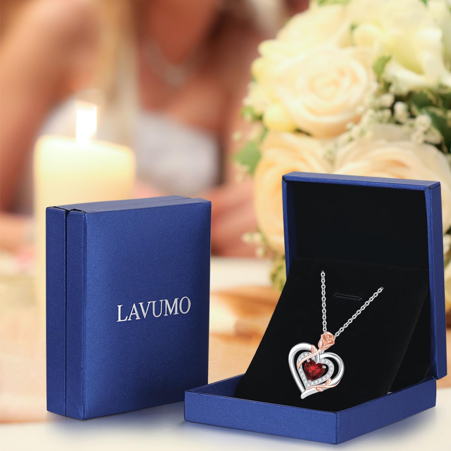 LAVUMO Collar Mujer Plata Doble Corazón Rosa Flor Colgante Regalo Mujeres