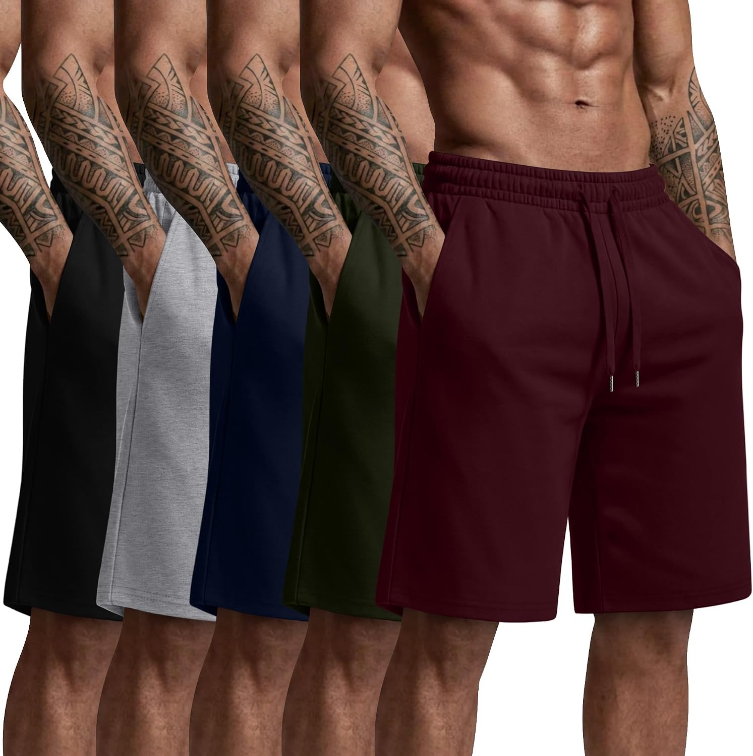 August Alley 5 Pack Mens Bermuda Athletic Shorts Casual Drawstring Sweat Shorts 9 inch Knee Length Pants with Pockets