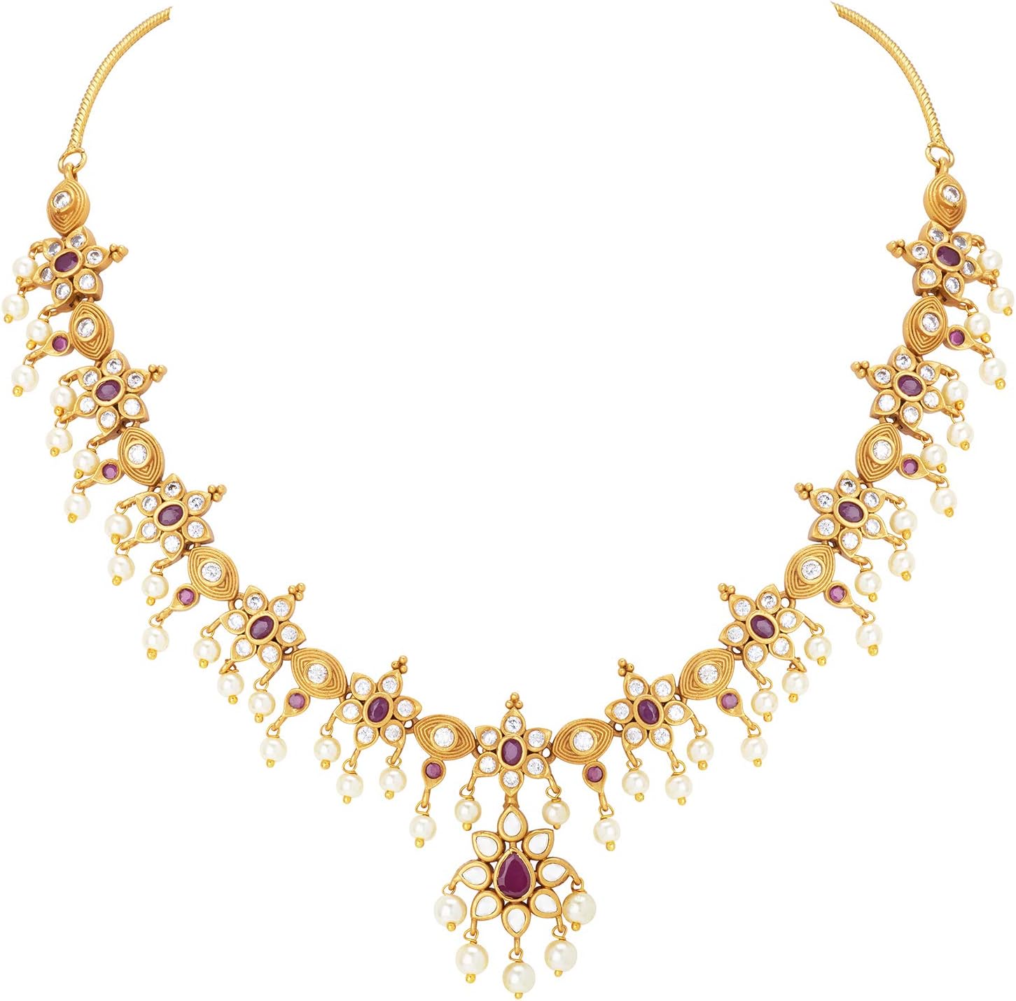 Aheli Faux Kundan and Simulated Red Stone Ethnic Fashion Indian Wedding Necklace Earring Bharatanatyam jewellery set Gift for Women