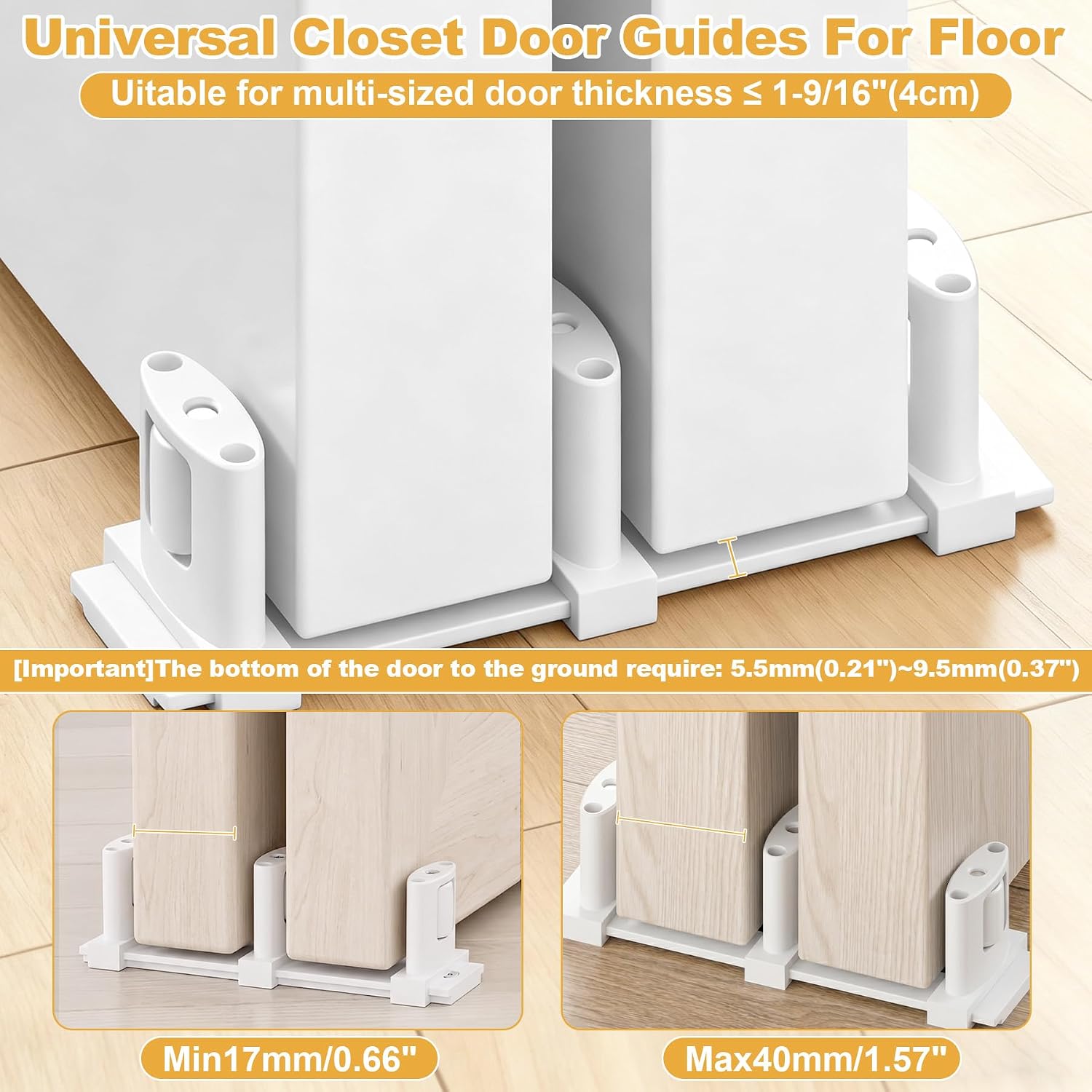 3-Roller Adjustable Sliding Closet Door Floor Guide Upgrade Kit | White Sliding Door Guides Floor Bottom Mount for for Bypass/Double Bypass/Barn Doors (1 Pack)