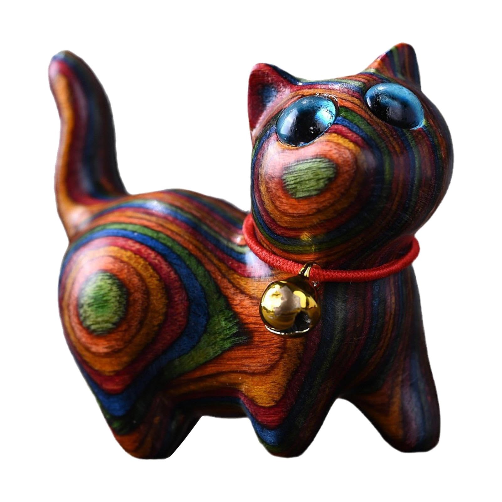 Generisch Wooden Cat Statue, Wooden Cat Ornaments, Hand Carved Statue Cat Figures, Rainbow Cat Statue Made of Wood for Study, Table, Living Room, Bookshelf