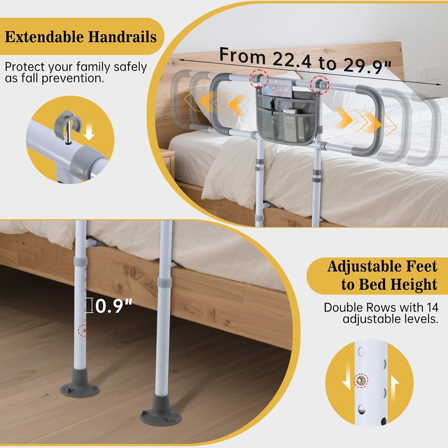 Bed Rails for Elderly Adults Safety, Sturdy Beds Assist Rail for Seniors; Adjustable Beds Rail Stable Bed Cane Guard with Extended Handle Bar - Fit King Queen Full Twin Bed