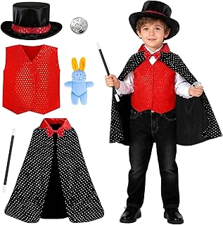 deAO Role Play Magician Costume Set with Magic Hat, Cape and Wand, 6PCS Magician Outfit Kids Halloween Costume Magician Dress Up for Boys and Girls