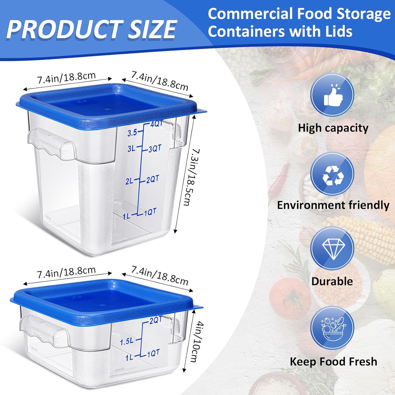 Yungyan 16 Pcs Restaurant Food Storage Containers with Lids Set 2Qt and 4Qt Commercial Restaurant Square Storage Containers Clear Food Cereal Container for Kitchen Freezer (Blue Lids)