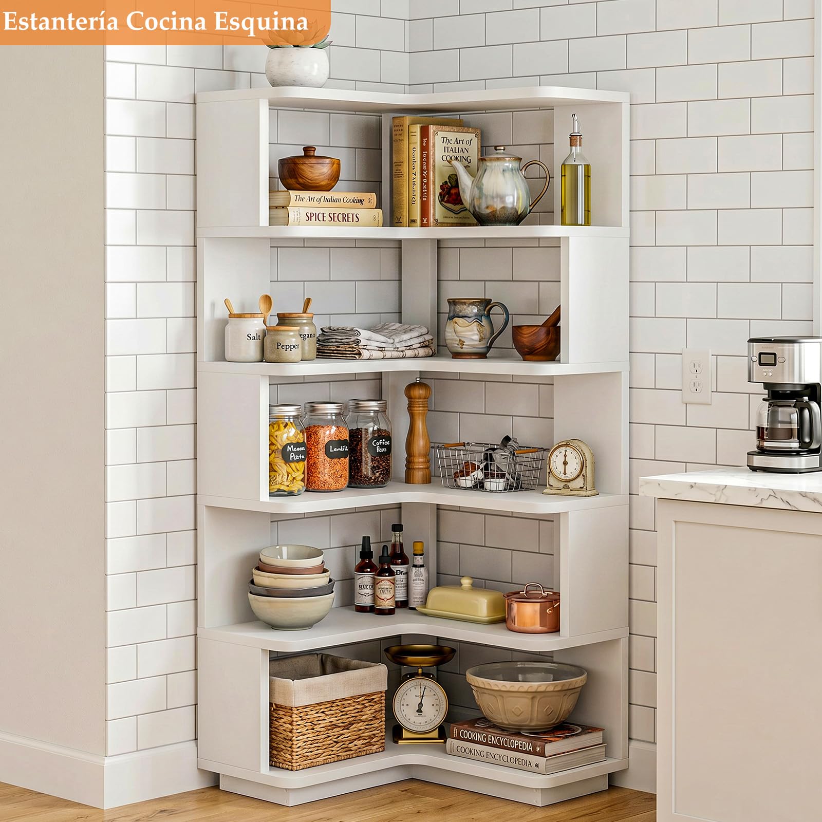 Homieasy Estantería Esquina de 5 Niveles para Libros, Blanco | 60x60x162cm, Forma L, Independiente con Sujetalibros, Salón y Oficina, Ahorro Espacio, Madera MDF