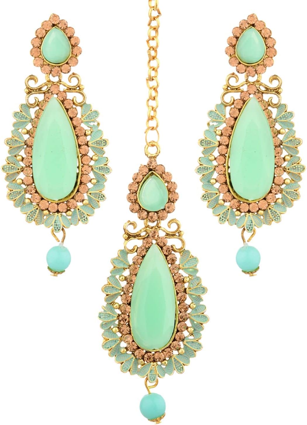 Efulgenz Indian Maang Tikka Earrings Set Bollywood Crystal Rhinestone Head Chain Dangle Jhumka Earrings Jewelry Set, Metal crystal Rhinestone Stone, not known