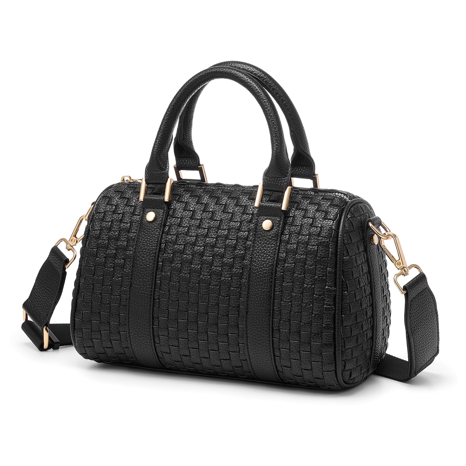 Checkered Woven Crossbody Bags For Women, Vegan leather Top Handbag Barrel Satchel, Travel Sling Purse with Adjustable Strap
