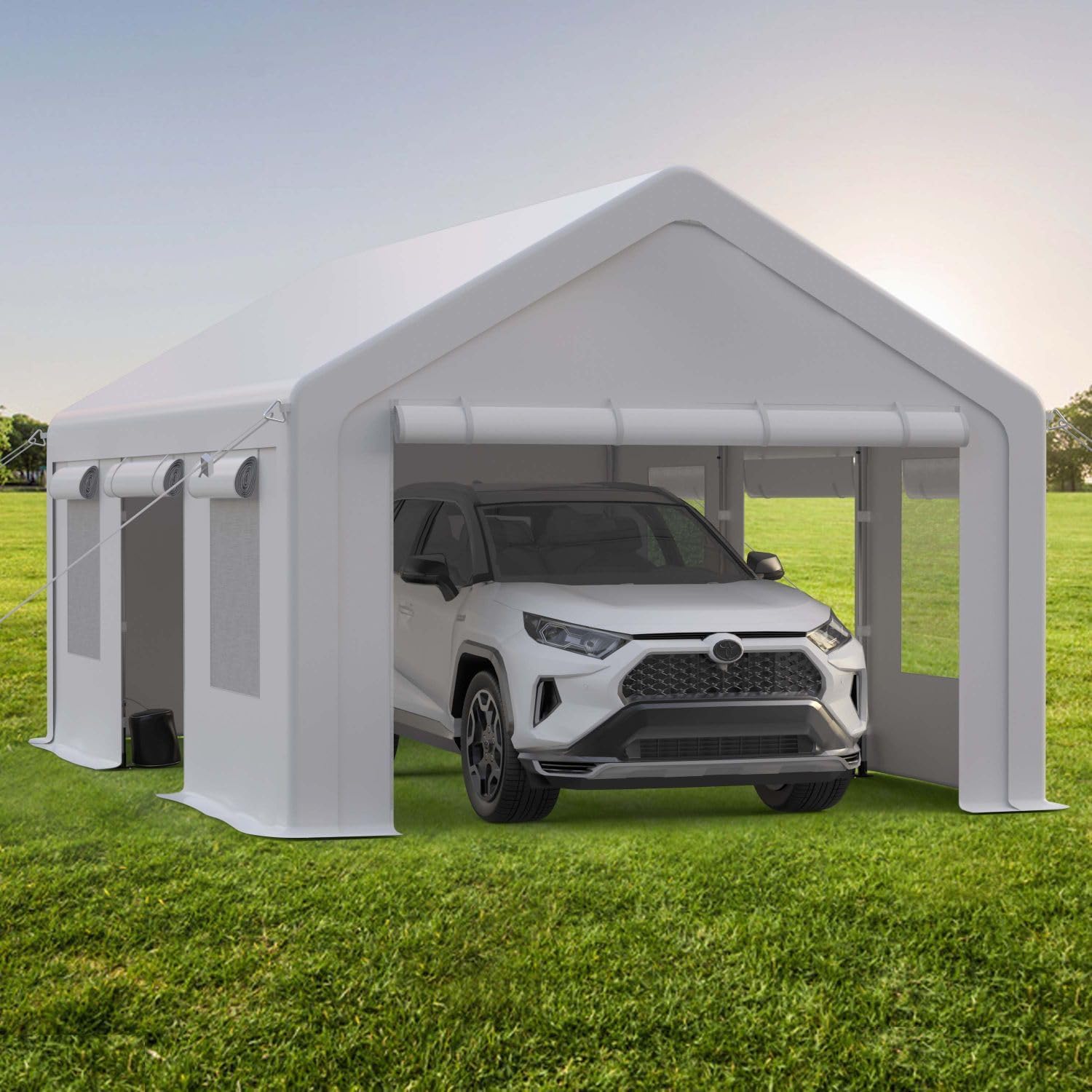 13x20ft portable garage, 13'x20' carport heavy duty, galvanized frame & 180 g pe waterproof canopy, with 4 doors (included 2 side doors), and 4 windows, for pickup truck, and boat white 13x20ft(4windows+4doors)