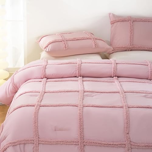 Miniatura 9 de Juego de edredón rosa tamaño Queen, juego de ropa de cama bohemio de chenilla copetuda, ropa de cama bohemia estilo granja Shabby Chic rosa para