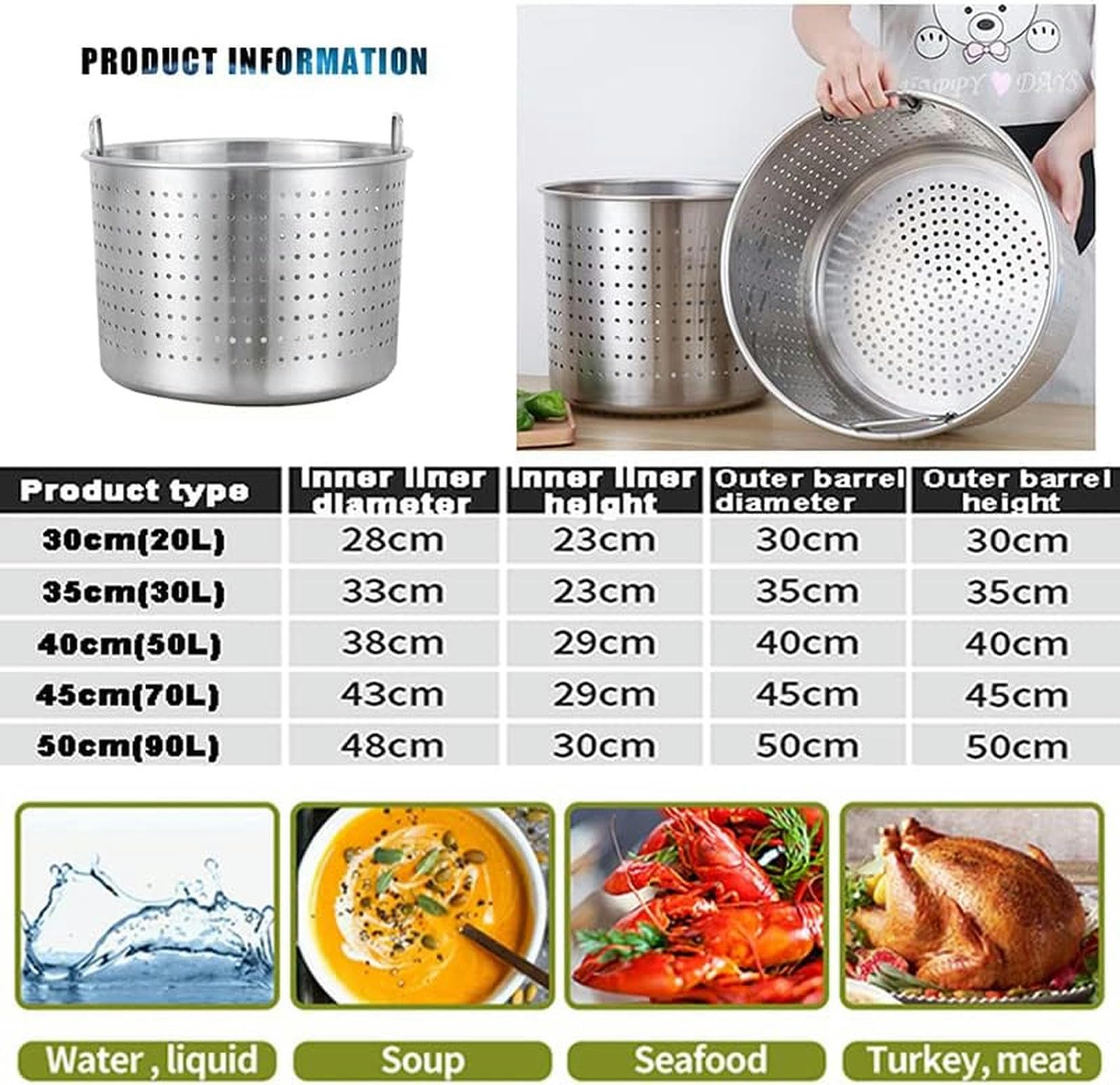 Olla Gruesa de Acero Inoxidable de Gran Capacidad, Multiusos, para arroz, Avena, con Cesta y Tapa, Ideal para enlatar al baño maría y cocinar Langostas y camarones (35 x 35 cm).