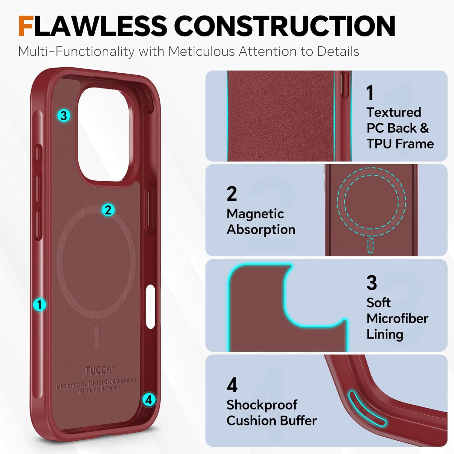 TUCCH Case Wallet for iPhone 16 Pro, [Detachable] PU Leather Removable Cover Compatible with iPhone 16 Pro, Red