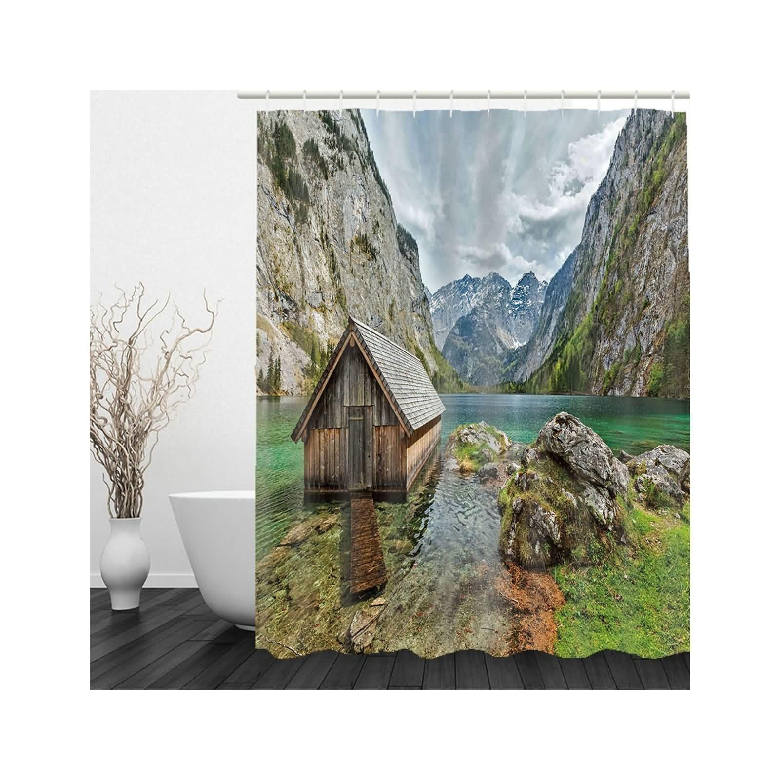 Duschvorhang Textil Grün Grau, See Haus Muster Badvorhang Polyester Anti-Schimmel Schnell Trocknend mit Duschvorhangringen