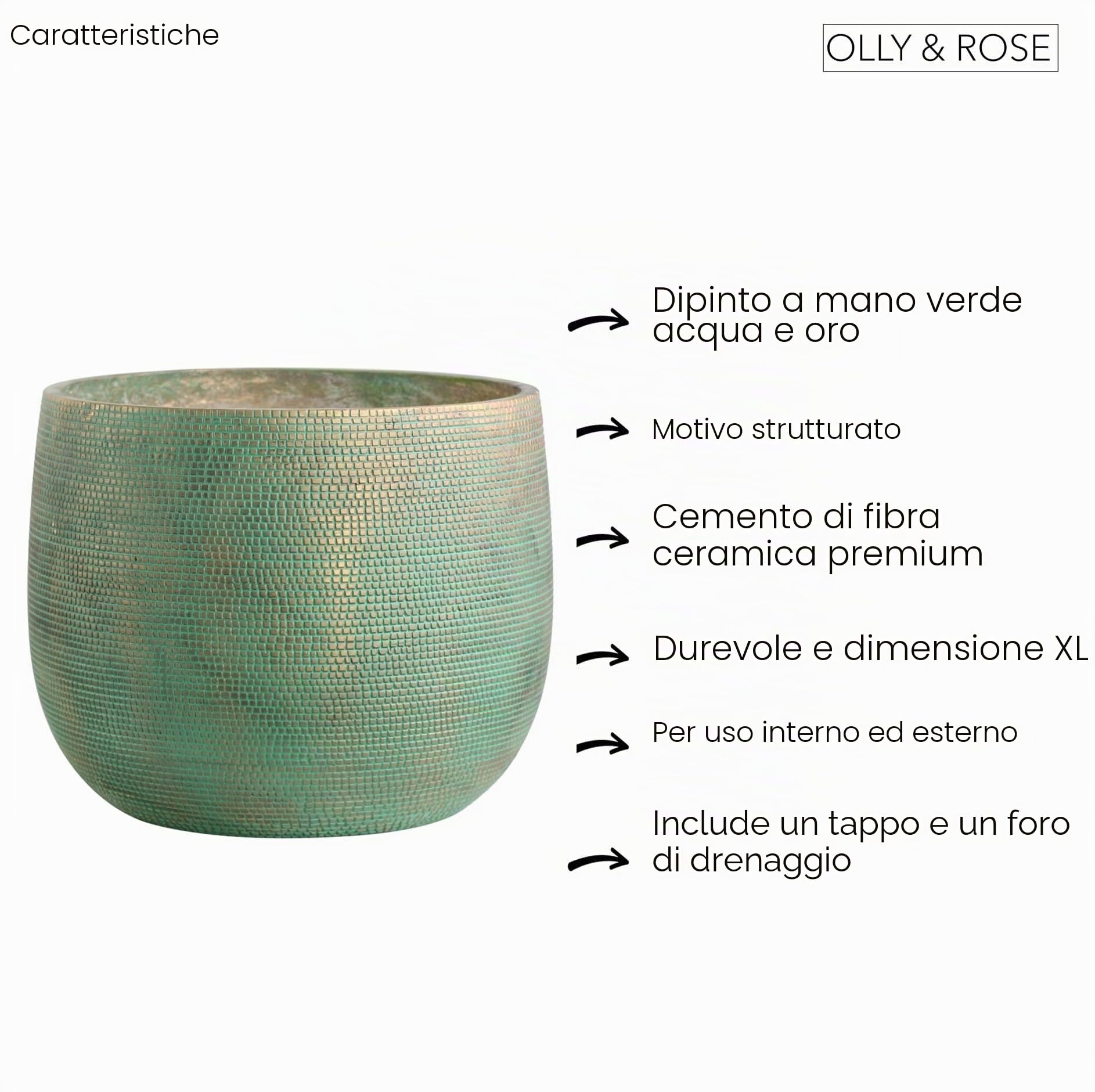 Olly & Rose Vaso da fiori extra large con motivo Bali, verde foglia di tè, oro, vaso da fiori XL, 40 cm fioriere da esterno grandi vaso grande da interno