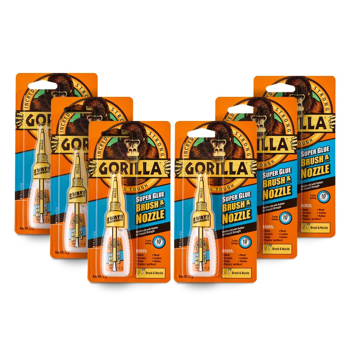 Gorilla Glue Brush & Nozzle 12G - 6 Pack - Precision-Controlled Impact-Resistant Adhesive With Dual Applicators