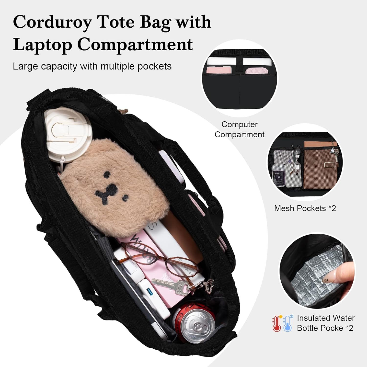 Messenger Bag for College with Laptop Compartments and Zipper Pockets Crossbody Corduroy Teacher Tote Bag for Men and Women - Image 3