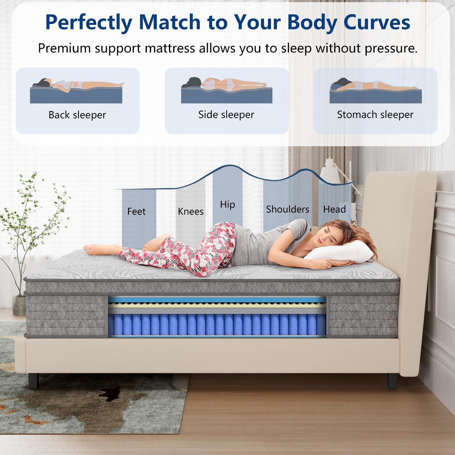 6V-Sermmoo King Mattress, 14 Inch Hybrid King Size Mattress in a Box, Pocket Spring and Memory Foam, Motion Isolation, Edge Support, Medium Firm, CertiPUR-US
