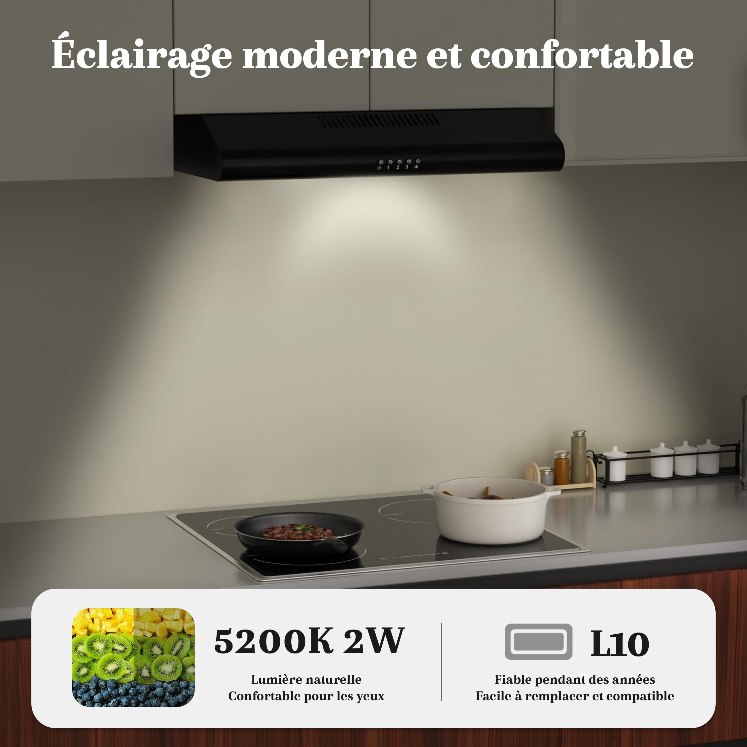 FIREGAS Hotte Aspirante 60cm Noire A++, Moteur Brushless Silencieuse 46dB, Débit 319m³/h, Hotte Cuisine avec Filtres à Charbon, Évacuation Top/Arrière ou Recyclage