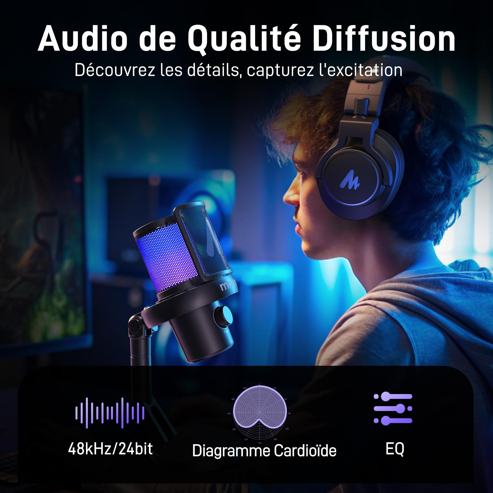MAONO Micro Gaming sans Fil pour PC, Microphone USB avec Changeur de Voix IA, Suppression du Bruit, EQ Personnalisé, éclairage RVB Réglable pour Jeux, Podcasts, Streaming, DM40 Noir