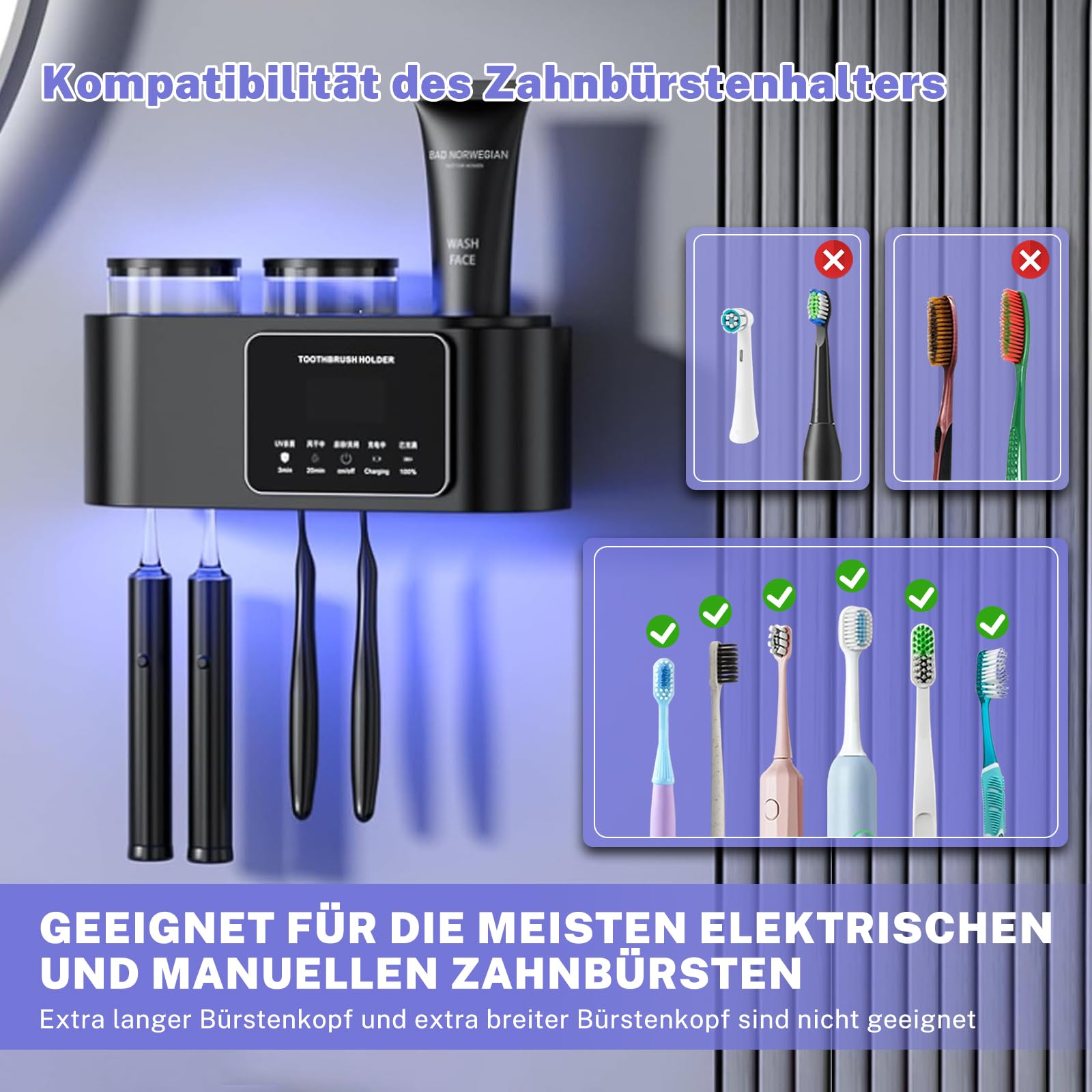 Zahnbürstenhalter Set Zur Wandmontage - 4 Schlitze + 2 Becher Mit Deckel, Schwarz