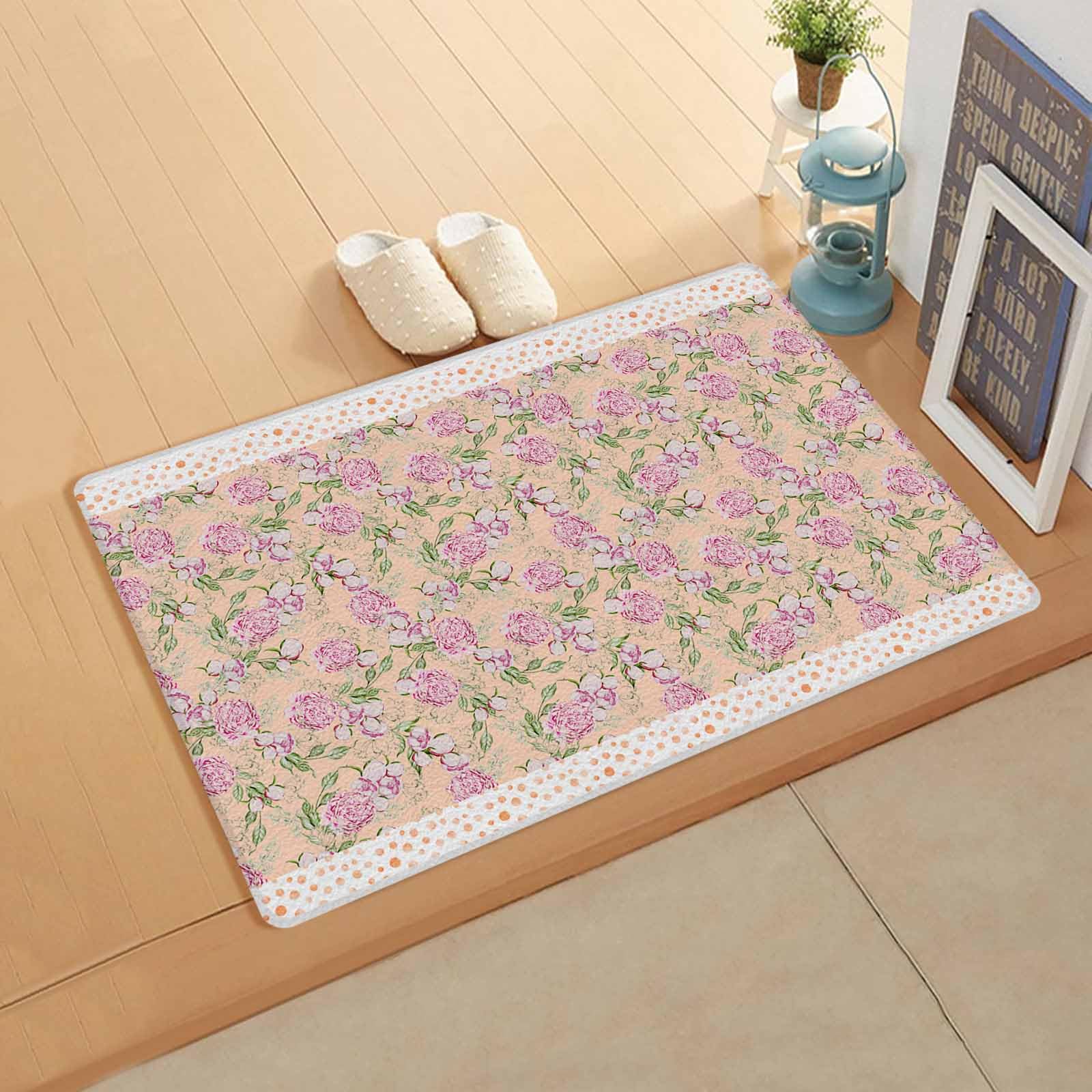 Pink Floral Antifatigue Kitchen Bath Door Mat Cushioned Runner Rug,Washable Welcome Floor Sink Mat,Waterproof & Non-Slip Standing Doormat for Kitchen,Orange Boho Dots Botanical Bohemian Flower 18