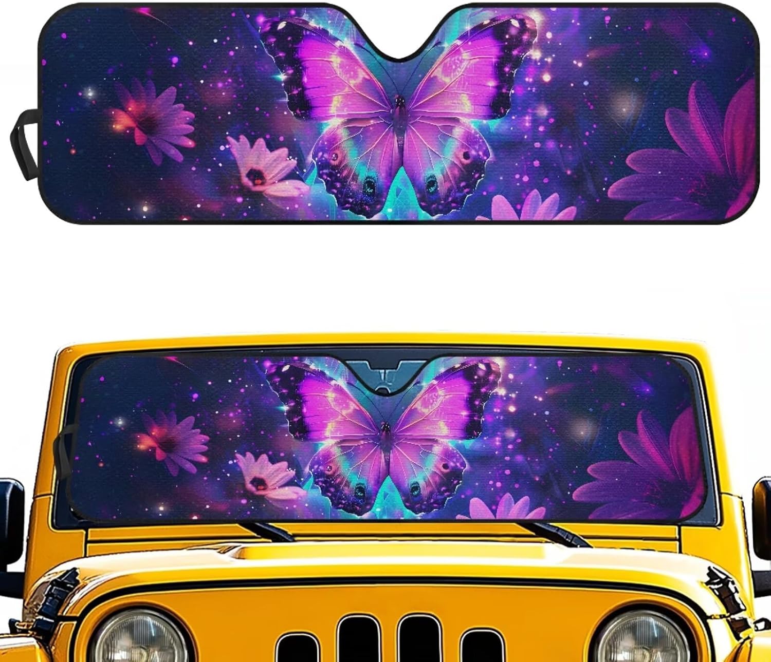 Pensura Purple Butterfly Windshield Sun Shade Sun Visor Heat Shield for 2018-2024 2025 Jeep Wrangler JL / 2020-2024 Jeep Gladiator JT Accessories Keep Vehicle Cool
