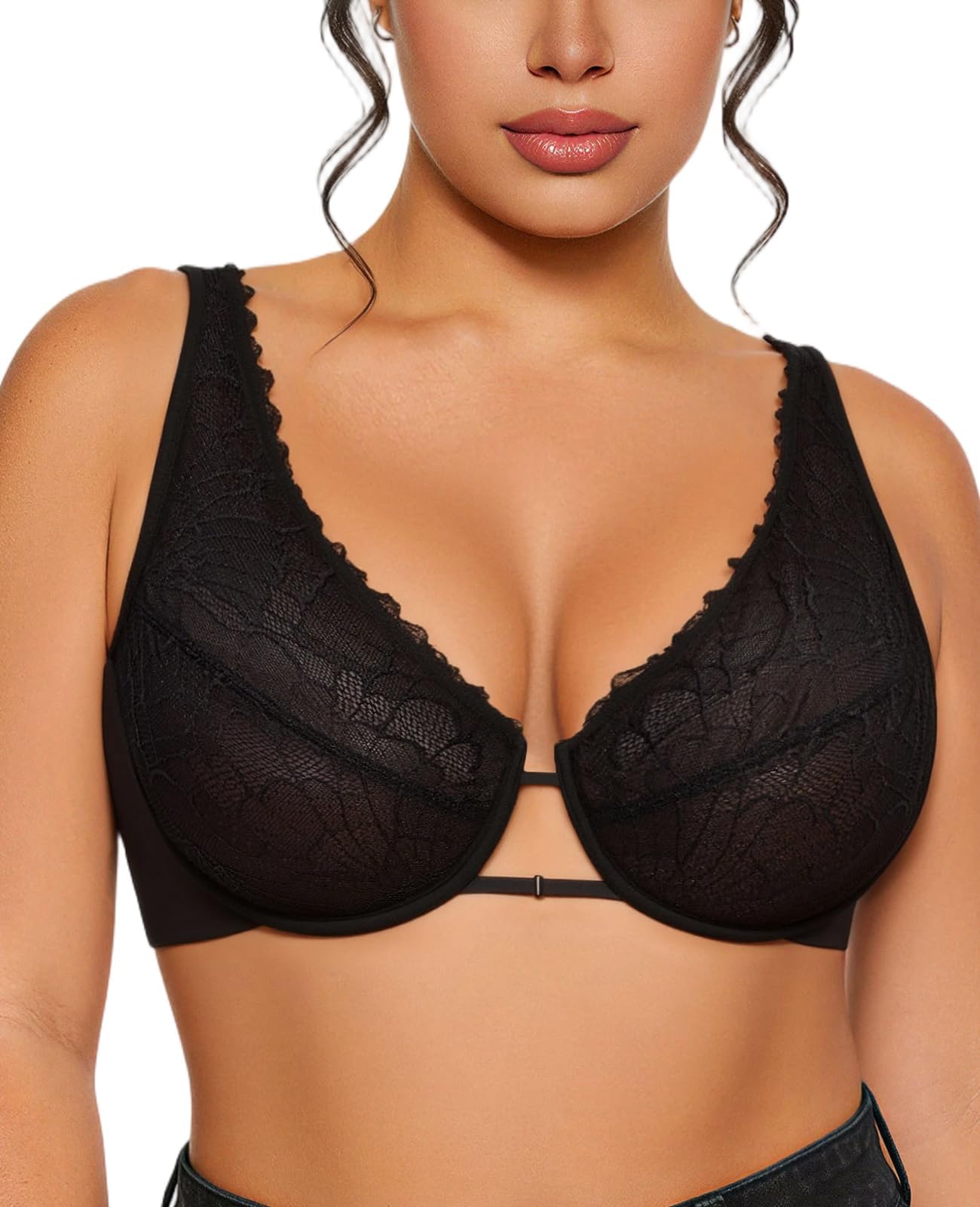 Lace Bra Full Coverage Plunge Unlined Sheer Comfortable Underwire Supportive Bras for Women Plus Size