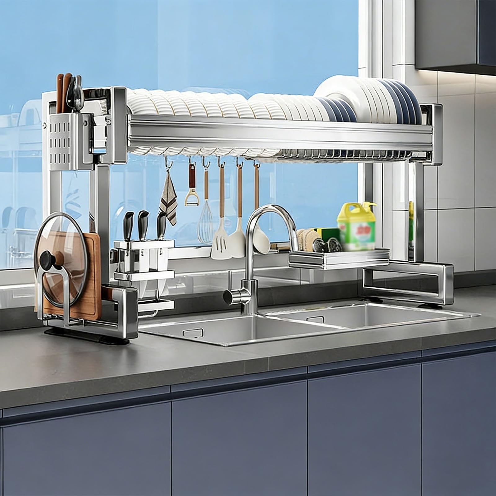 Escurridor de platos de acero inoxidable sobre el fregadero, escurridor expandible de 2 niveles con soporte para utensilios, diseño que ahorra espacio para platos, vasos, cuencos y cubiertos