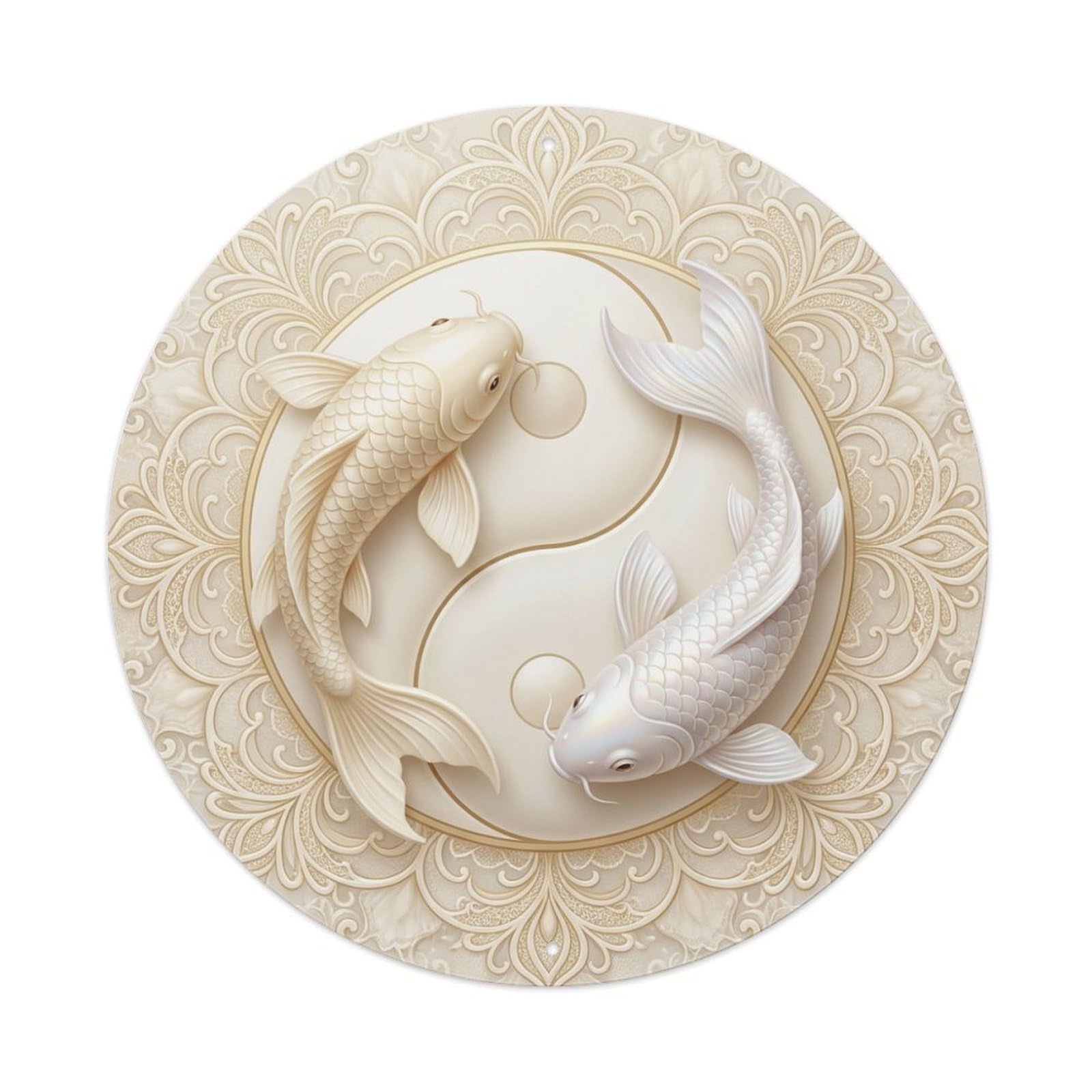 Tgrcjimh Style Metal Tin Sign Tai Chi Koi Fish Cream Ivory Soft Neutral