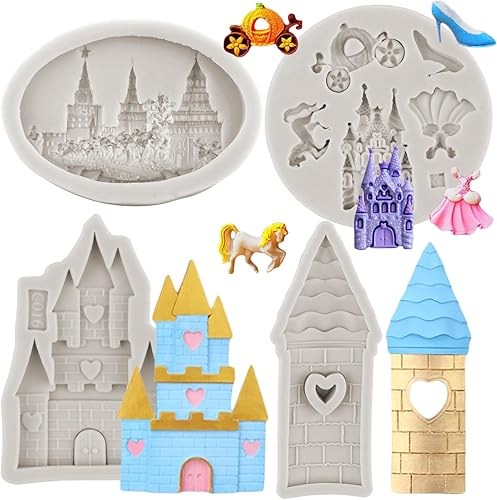 MINFEIDMS Molde de silicona para castillo, molde de fondant de cenicienta, cuentos de hadas, castillo, calabaza, carruaje, vestido de princesa,