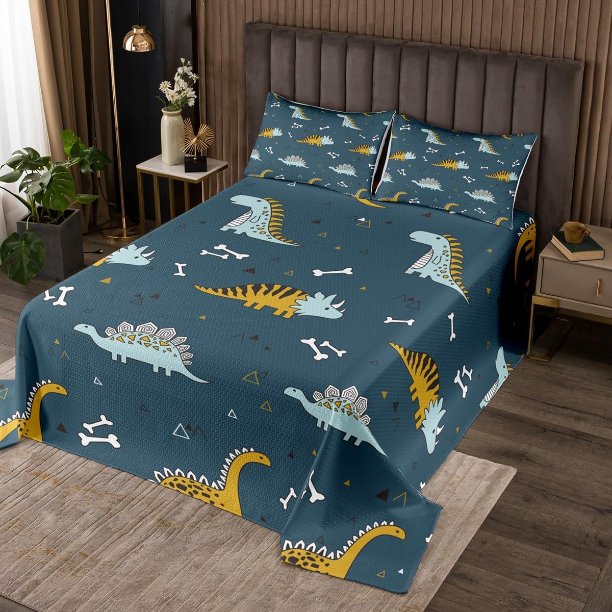 Cartoon Dinosaurier Tagesdecke M Größe Kinder Jungen Nette Knochen und quadratische Muster Bettwäsche Set Wilde Tiere Tröster Coverlet Teens Kinderzimmer Dekor Dunkelblau Tröster Set,2 Kissenbezug