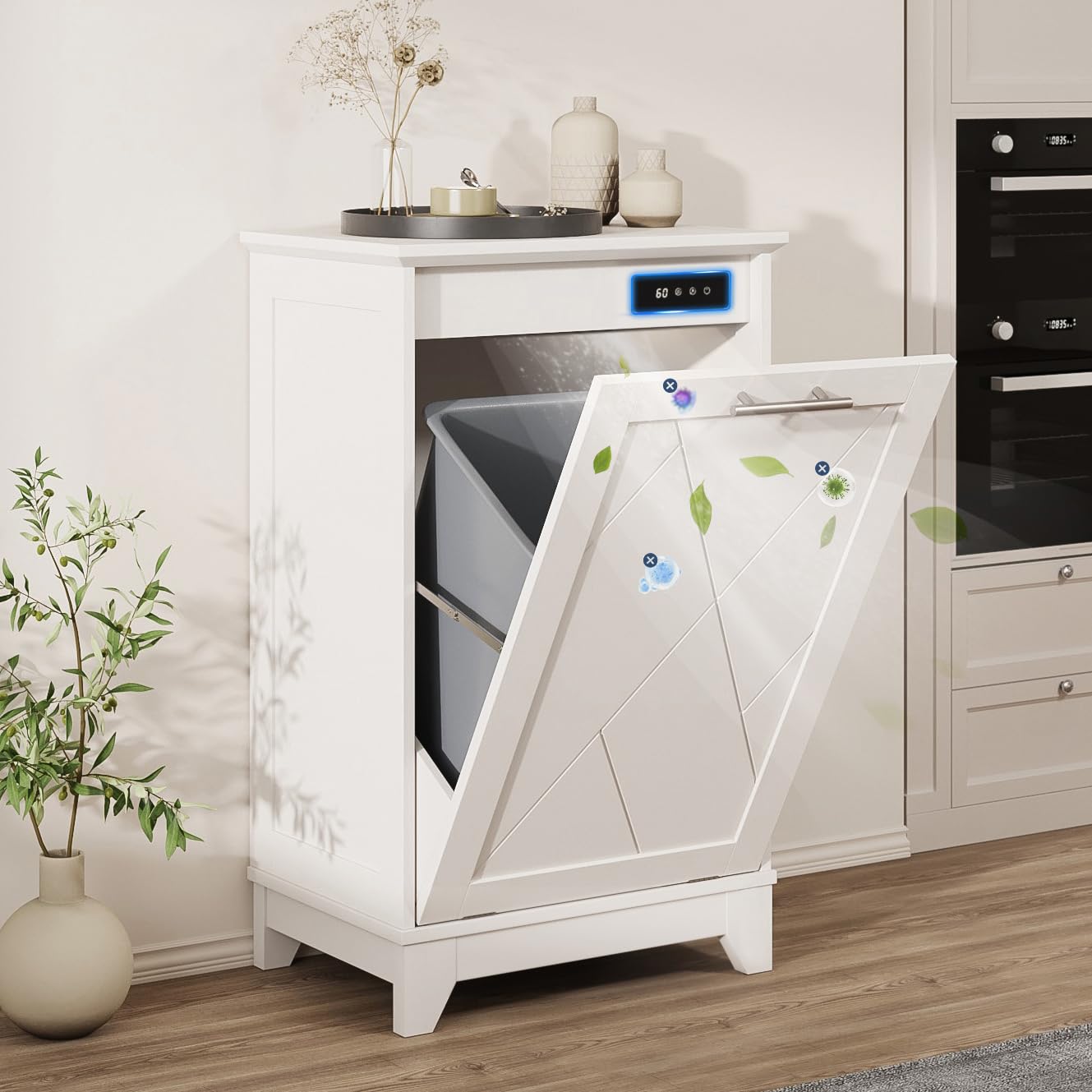 Tilt Out Trash Cabinet, Free Standing 10 Gallon Recycling Trash Can Cabinet with Negative Ion and Deodorizing Function, for Kitchen Living Room White