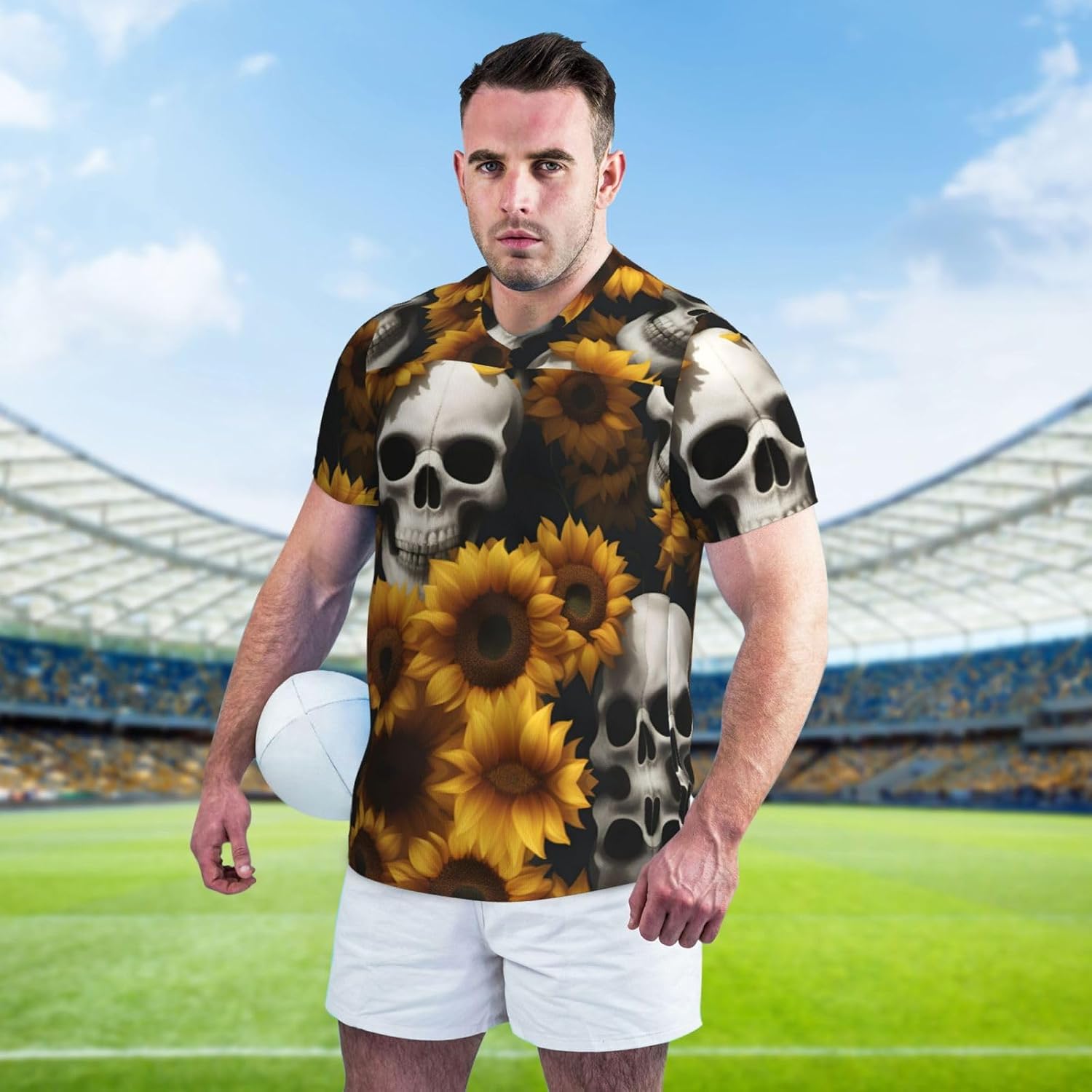 Sunflower Halloween Skull Rugby Football Jersey for Men, Comfortable V-Neck Loose Fit Top for Team Sports Athletics