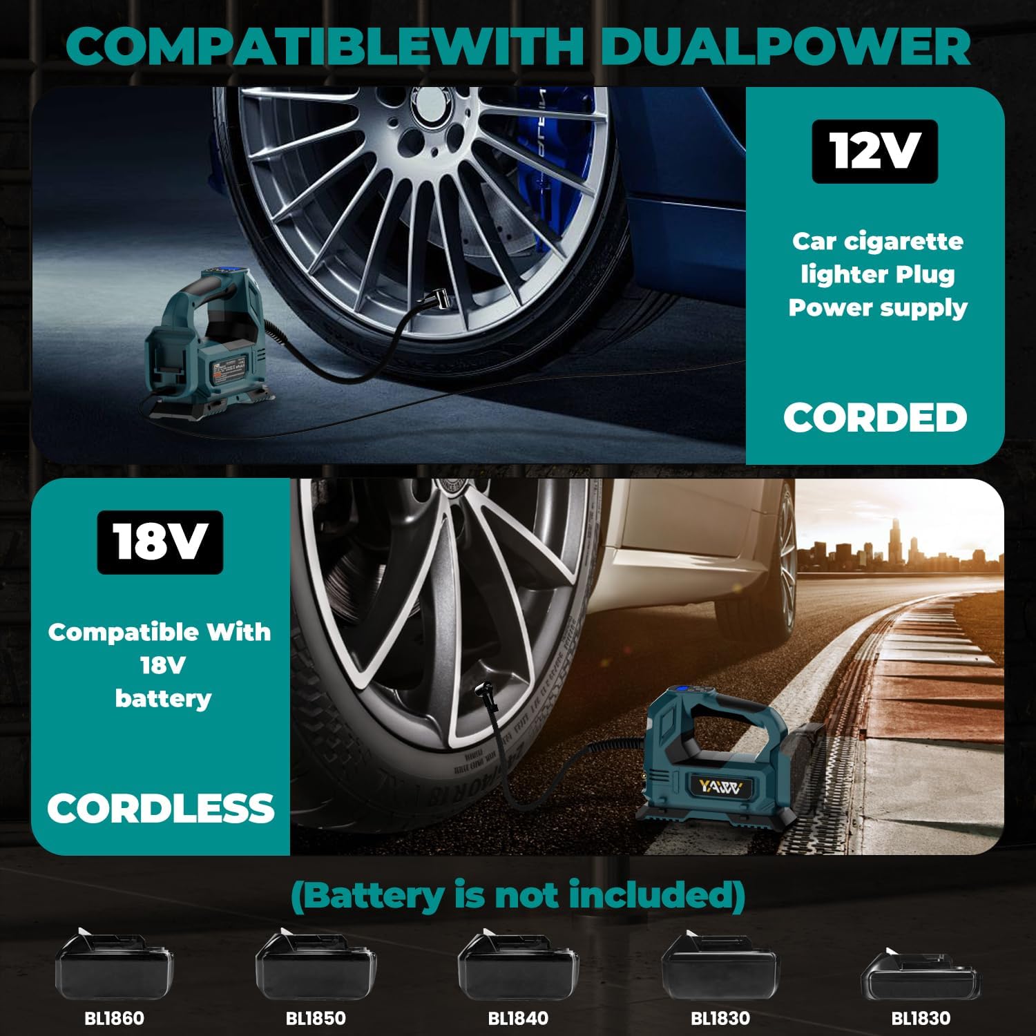 Cordless Tire Inflator Air Compressor for Makita 18V Battery, 160PSI Portable LED Light Handheld Air Pump with Digital Pressure Gauge for Cars Motorcycles Bikes Sport Balls(Battery Not Included) - Image 3