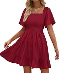 BTFBM Robes Femmes Cou carré Manche volante Moussed Mini Robe de bain casual évasé manches courtes, deux poches latérales, une ligne, taille haute, robe d'été flutter pour les femmes, swing robe de plage Boho