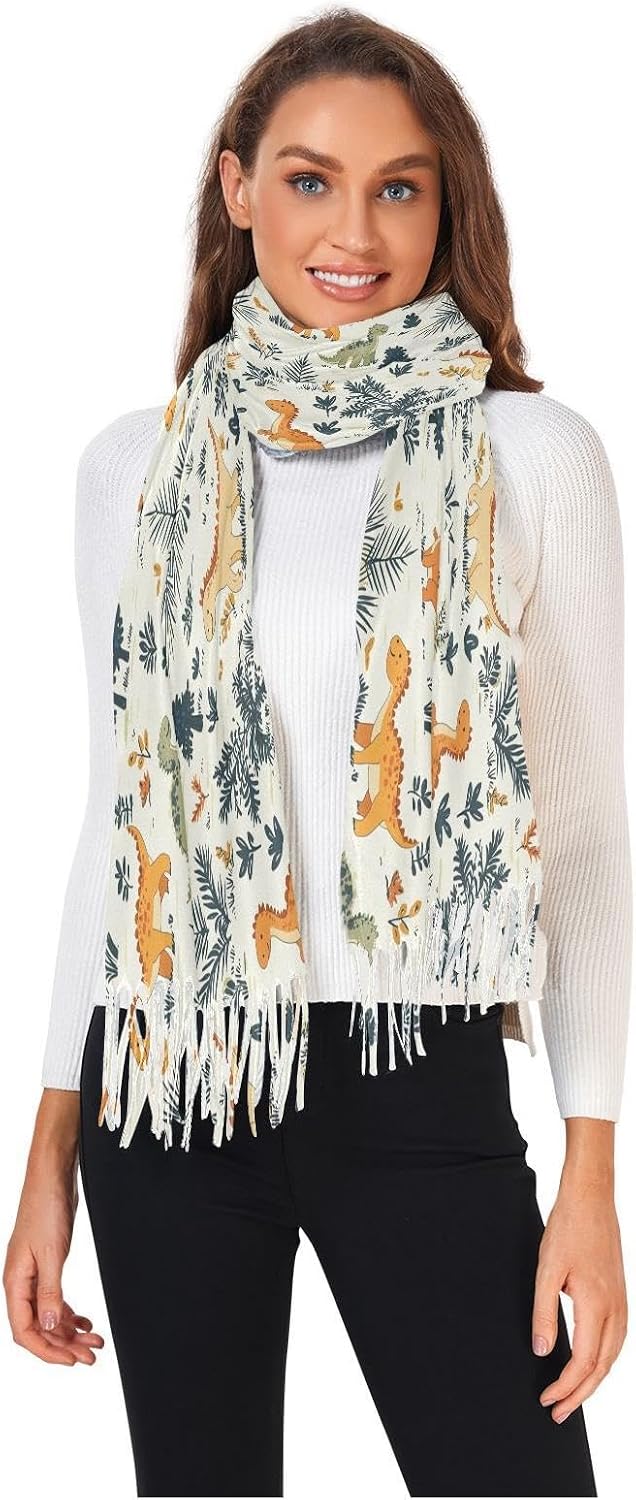 Winter Scarf for Women Forest Dinosaur Cute Fashion Tassel Shawl Wraps for Women, Cold Weather Warm Womens Scarves Soft Long Scarf Gifts
