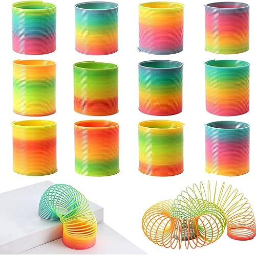 JOHOUSE Regalos de fiesta de primavera mágica arcoíris para niños, 12 juguetes coloridos de primavera de plástico, juguetes de caja del tesoro para