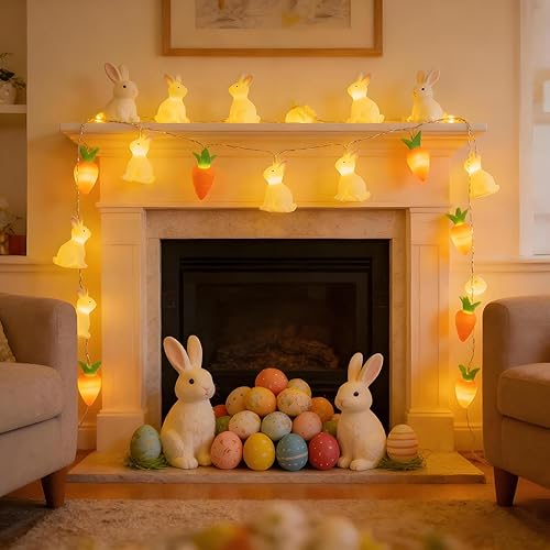 String Lights with Rabbit Carrot Decor, 64.96 Inch Easter Fairy Lights, Decorative Light Indoor, Easter Decorations, Home Decor, Easter Lights for Mantle Balconies Terraces Parties