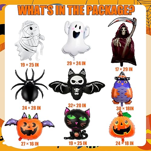 Miniatura 2 de Juego de 9 globos de Feliz Halloween, fantasma, araña, murciélago, calabaza, gato negro, globos de aluminio para decoraciones de fiesta de Halloween