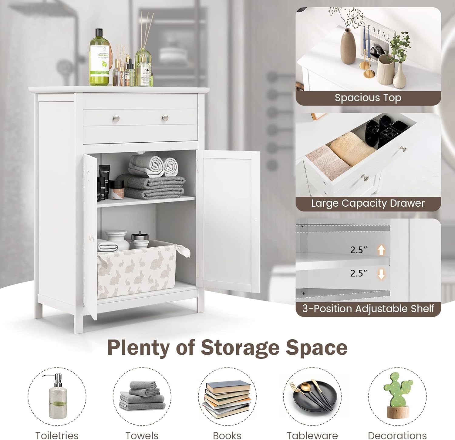 Tangkula White Bathroom Cabinet, Freestanding Wooden Storage Cabinet w/Large Drawer & Cabinet, 2 Doors, 3 Heights Adjustable Shelf, Bathroom Storage for Living Room Kitchen (White)