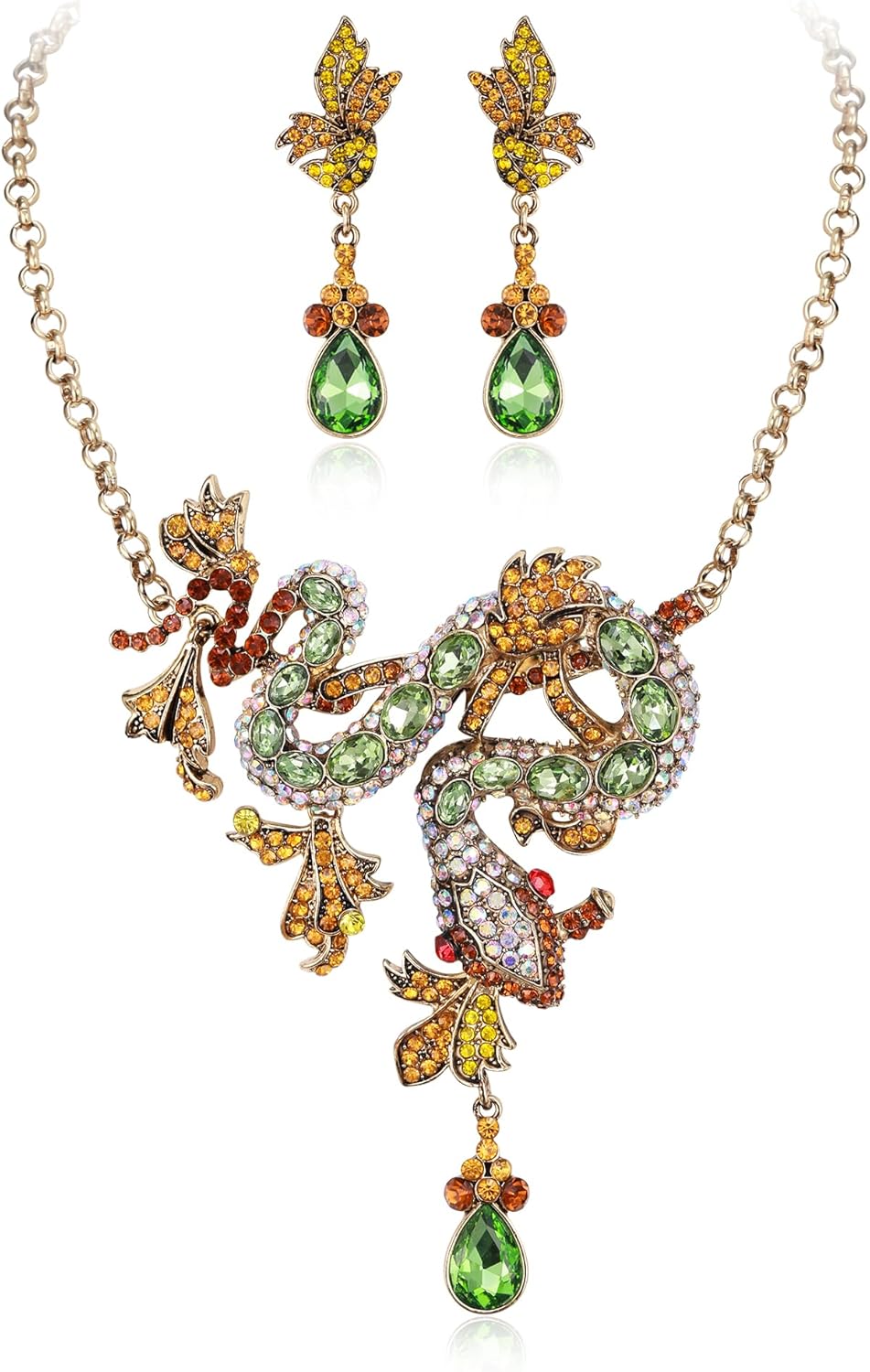 BriLove Gorgeous Jewelry Set for Women, Stunning Crystal Snake Flower Leaf Cluster Statement Necklace Dangle Drop Earrings Set for Party Prom Accessories