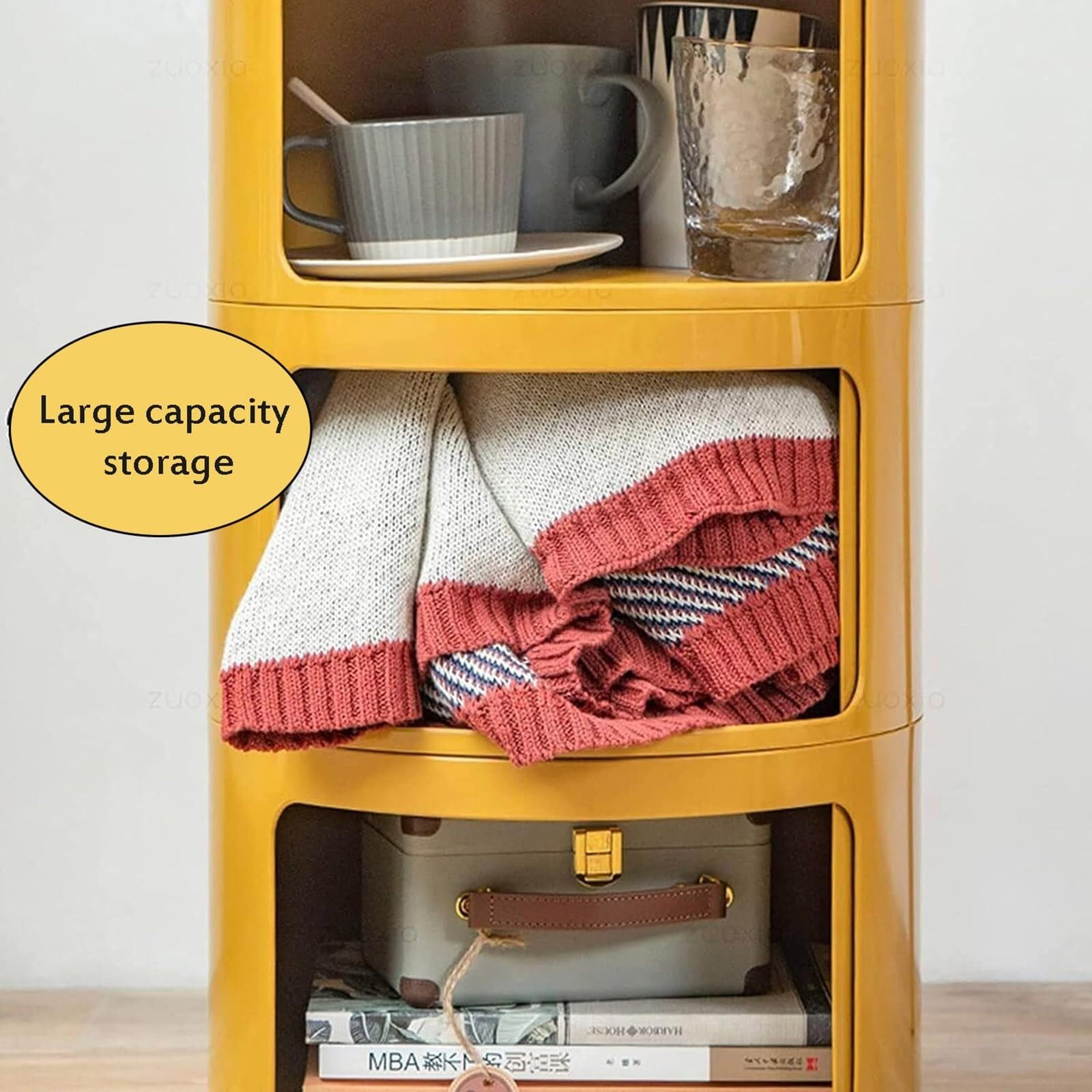 Moderno comodino rotondo con contenitore per camera da letto, soggiorno o bagno, comodino con cassetti e porta scorrevole, tavolino con cassettiera in plastica per organizzazione e stile (rosso, 3