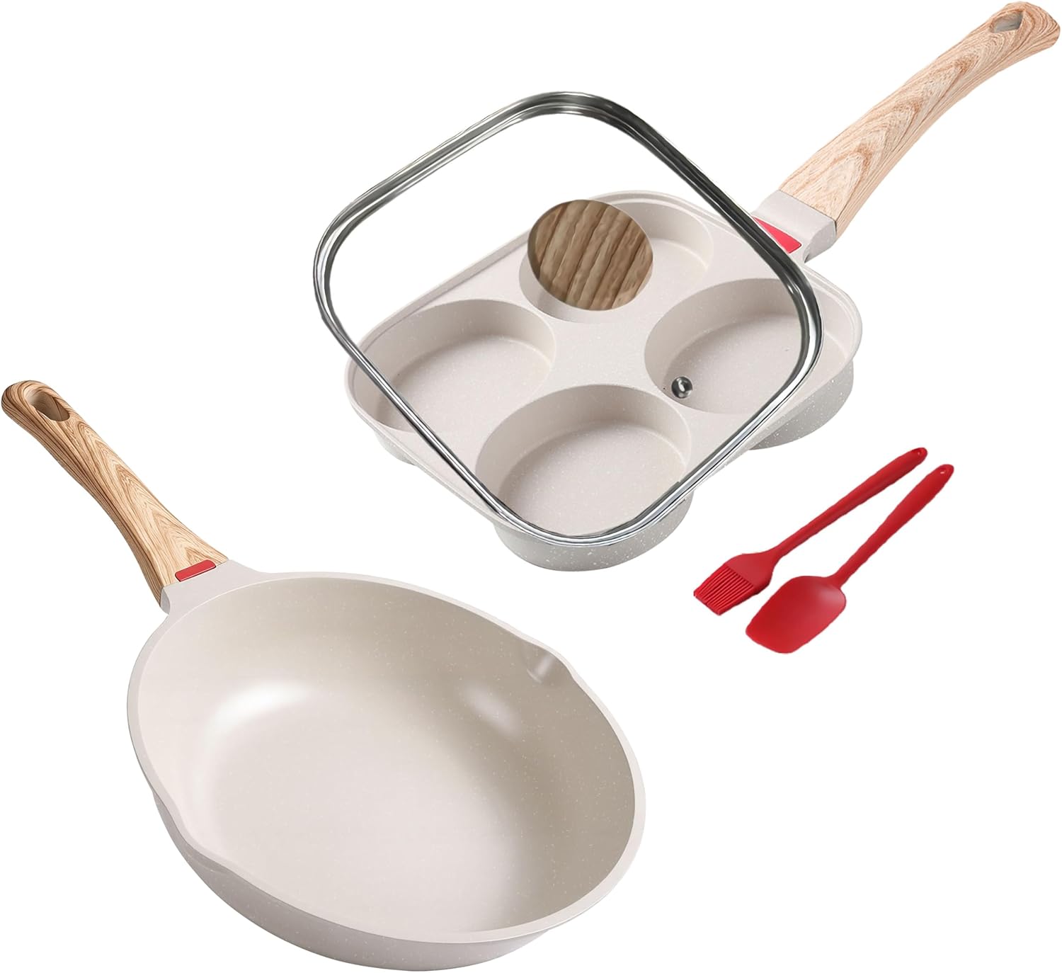 Egg Pan & Frying Skillet Set White- Non-Stick Aluminum Cookware with Lid, Perfect for Breakfast Eggs, Pancakes, Burgers & Sandwiches.