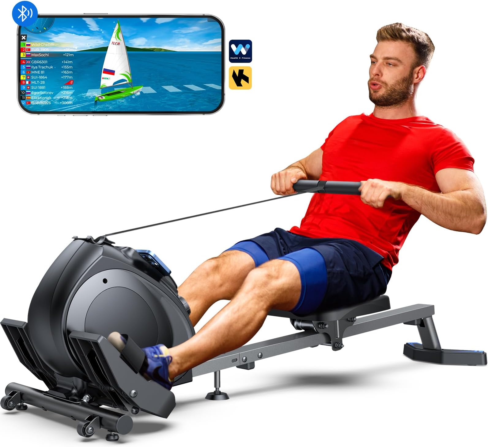 Rowing Machine for Home Use, WELLFIT Magnetic Rowing Machine with Quiet Resistant, Compact Rower Row Machine for Home, Portable Rowing Machine APP Compatible, Comfortable Seat Cushion, LCD Display