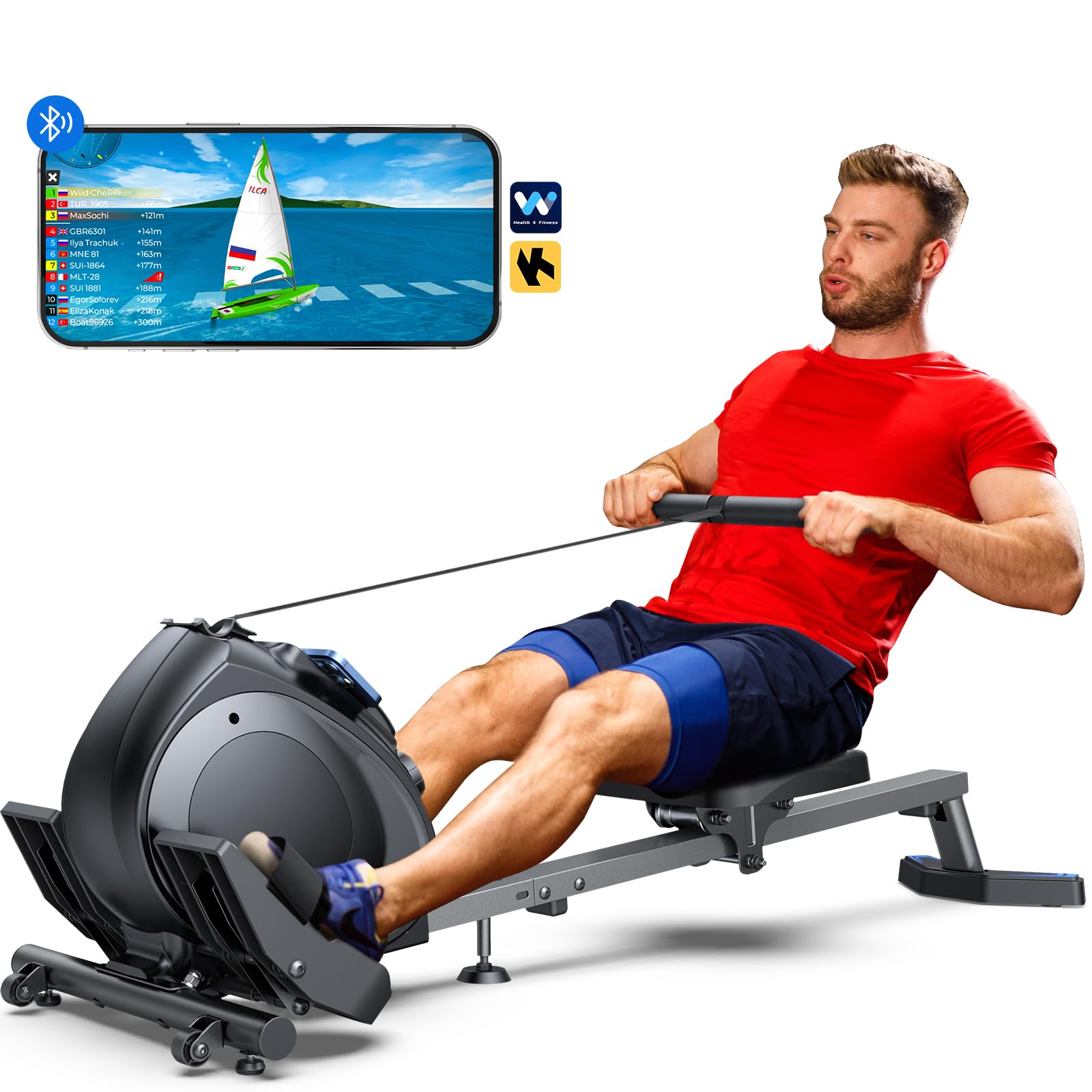 Rowing Machine for Home Use, WELLFIT Magnetic Rowing Machine with Quiet Resistant, Compact Rower Row Machine for Home, Portable Rowing Machine APP Compatible, Comfortable Seat Cushion, LCD Display